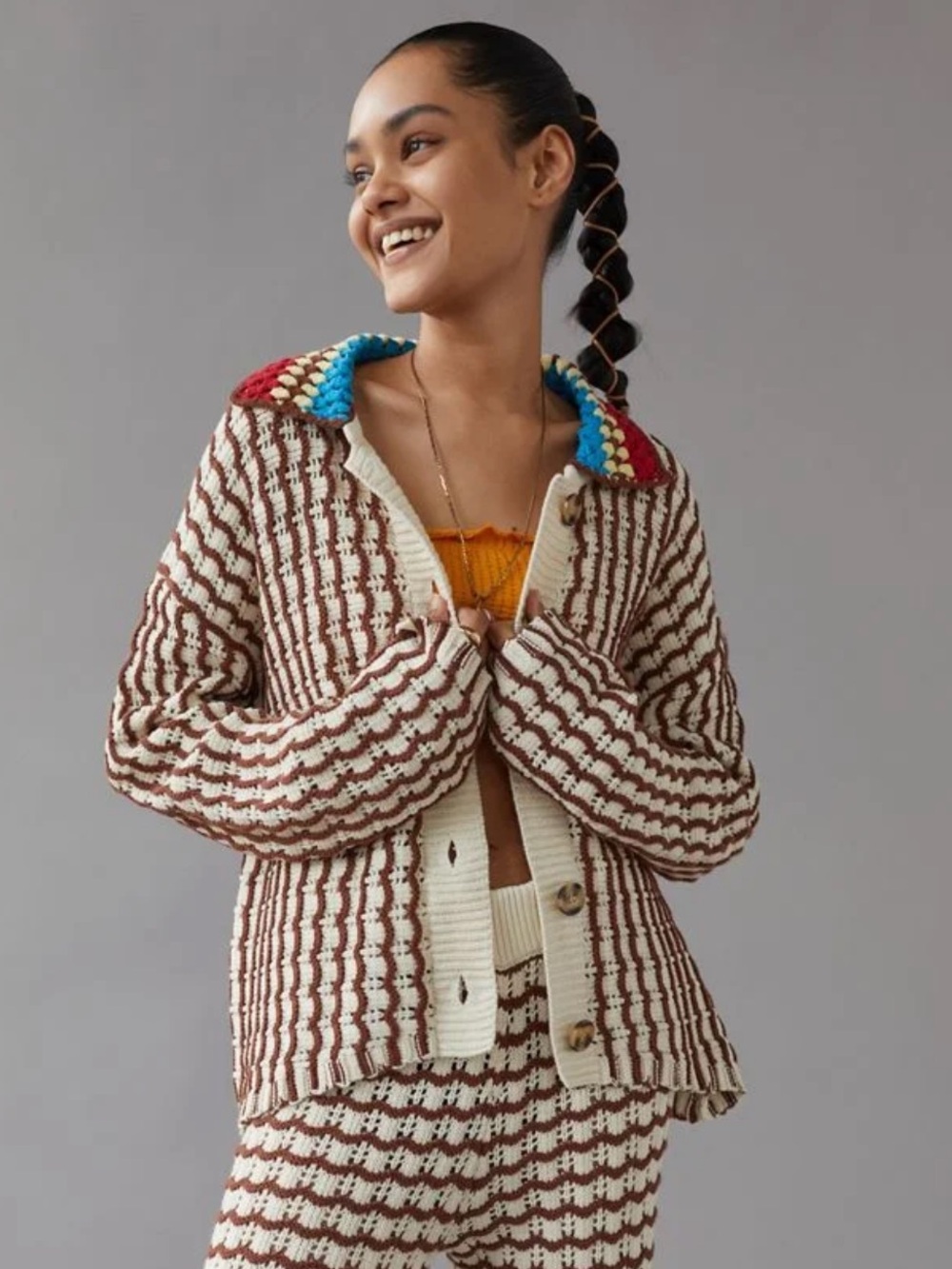 UO x BDG Bec Crochet Button Down Oversized Retro Collared Cardigan Sweater M